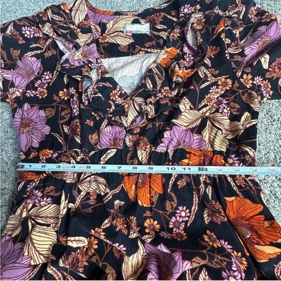 PILCRO TIERED CORDUROY RUFFLED FLORAL BOHO MINI DRESS medium BLACK long sleeve - Picture 13 of 15